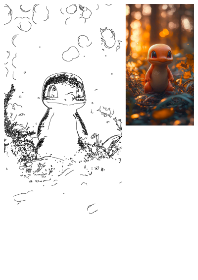 A charming Charmander toy nestled in a vibrant, sunlit forest, surrounded by glowing trees and rich autumn leaves.