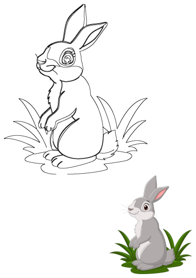A cute cartoon bunny illustration, featuring a grey rabbit standing in green grass with a black and white outline drawing.