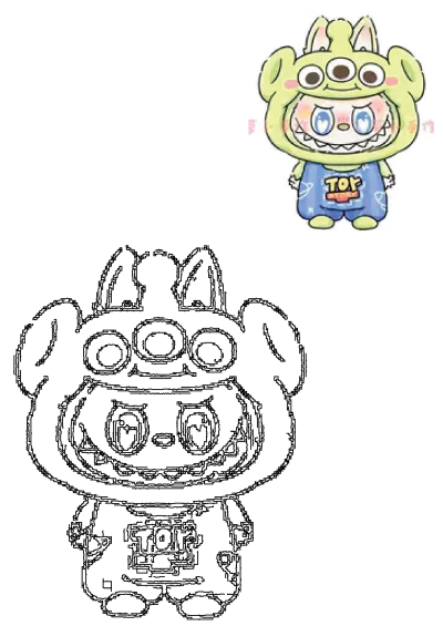 Cute Toy Story Alien cartoon character illustration: a charming creature wearing a green three-eyed alien costume with blue 'TOY' overalls.