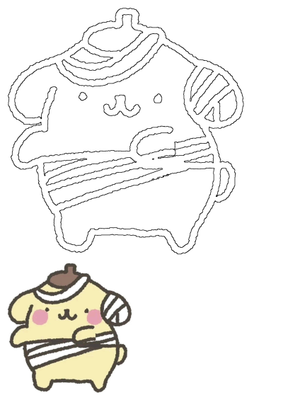 Cute teddy bear drawing with a striped sweater and beret, shown as a vibrant illustration alongside a black line art outline.