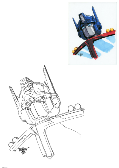 Dual Optimus Prime head artwork: a detailed line drawing and a vibrant color illustration of the Autobot leader on a red branch.