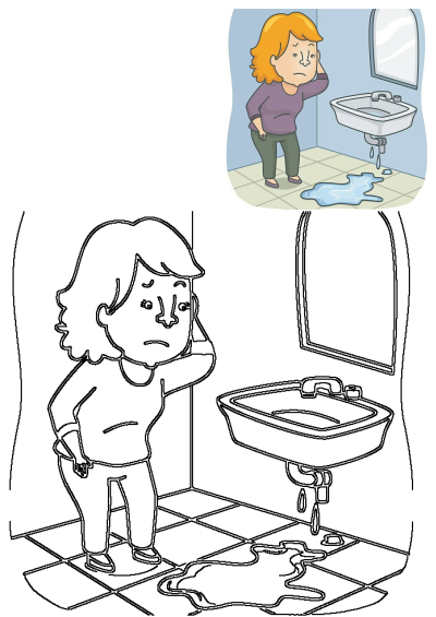 A cartoon woman looks worried at a leaky sink with a puddle of water on the bathroom floor, indicating water damage.