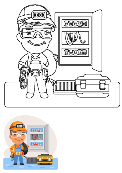 A cartoon electrician in a hard hat and safety goggles works on an electrical panel. He stands with various tools and wires.