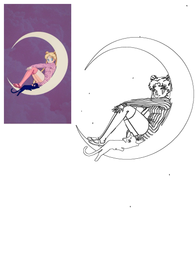 Sailor Moon and Luna, the black cat, sit on a crescent moon against a purple sky, with a complementary line art version.