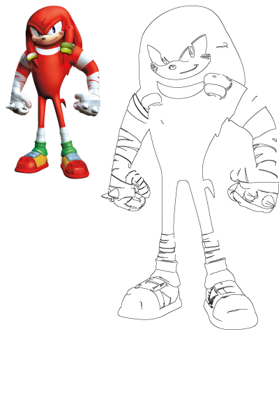 Full body image of Knuckles the Echidna, the red Sonic character, presented in both a vibrant colored render and a clear outline form.