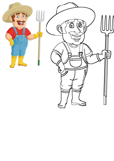 A cheerful cartoon farmer in overalls and hat holds a pitchfork, depicted in a colorful version and a black outline drawing.