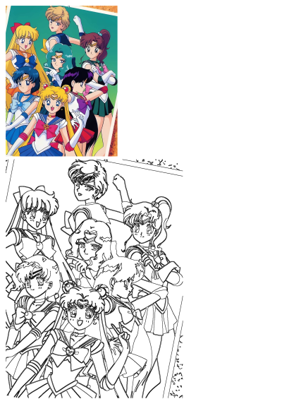 Colorful Sailor Moon characters group shot, featuring various Sailor Girls in iconic uniforms. Includes a line art version for coloring fun.