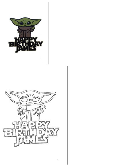 A fun Baby Yoda (Grogu) character graphic in his brown robe, celebrating 'Happy Birthday James,' presented with both full color and outline versions.