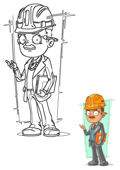Cartoon engineer with mustache, glasses, and pencil behind ear, wearing a hard hat and suit, holding a binder.