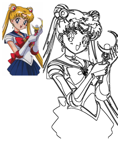 Sailor Moon, the blonde-haired, blue-eyed anime character, holding her Moon Stick, depicted in both colored and outline versions.