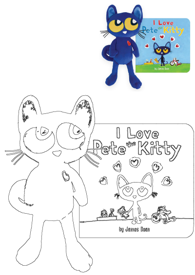 I Love Pete The Kitty book and blue cat plush, displayed alongside printable outline versions suitable for coloring.