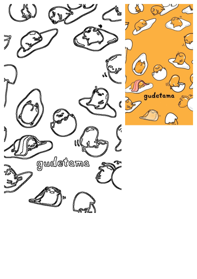 A vibrant Gudetama lazy egg character pattern on an orange background, accompanied by a matching black and white outline version.