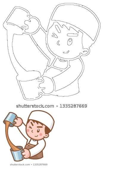 A charming cartoon man skillfully pulls and froths traditional Malaysian Teh Tarik tea between two cups, wearing an apron and smiling.
