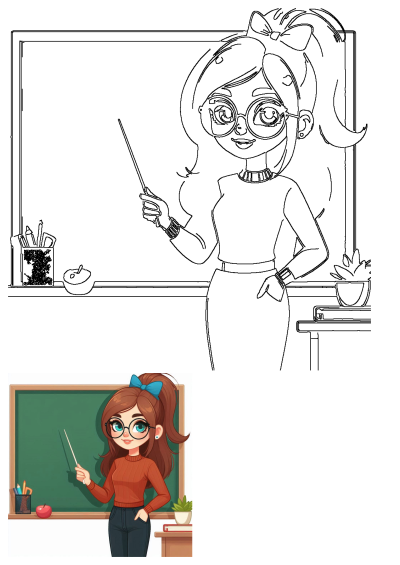 Outline drawing of a friendly cartoon teacher with glasses, holding a pointer near a blackboard, apple, pencils, and books. An educational resource.