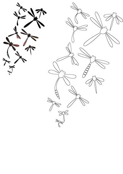 Numerous dragonflies, some as dark silhouettes and others as delicate outlines, gracefully flying across a clean white background.