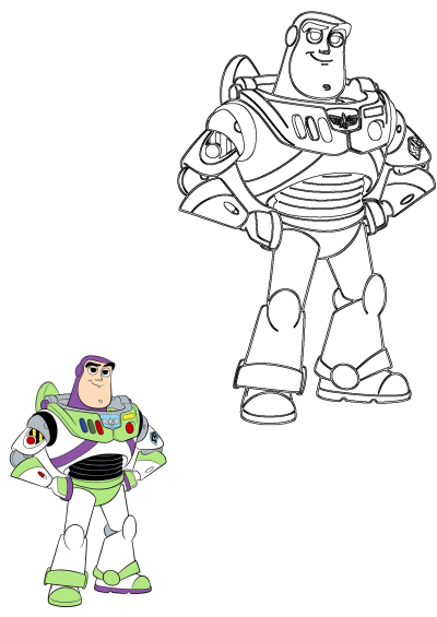 Buzz Lightyear, the iconic space ranger from Toy Story, depicted in a bright colored illustration and a detailed outline drawing.