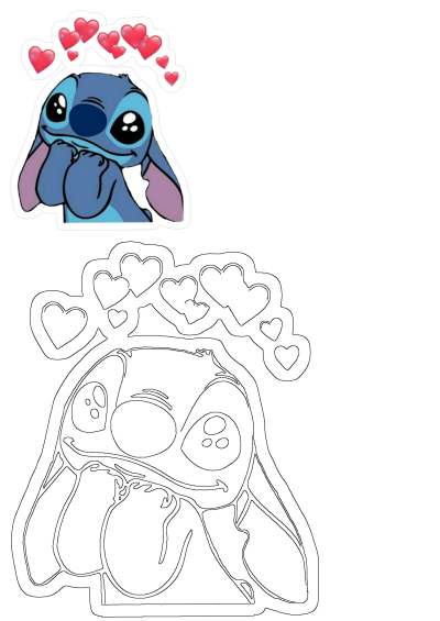 A delightful Disney Stitch sticker, eyes wide with affection and surrounded by red hearts, presented with its precise outline for various uses.