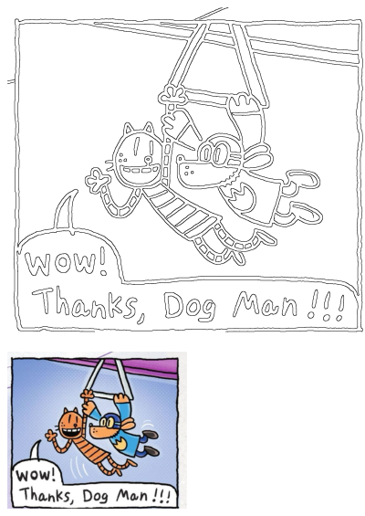 Dog Man and Cat Kid joyfully swing on a trapeze, with Cat Kid exclaiming 'Wow! Thanks, Dog Man!!!' in this comic adventure.