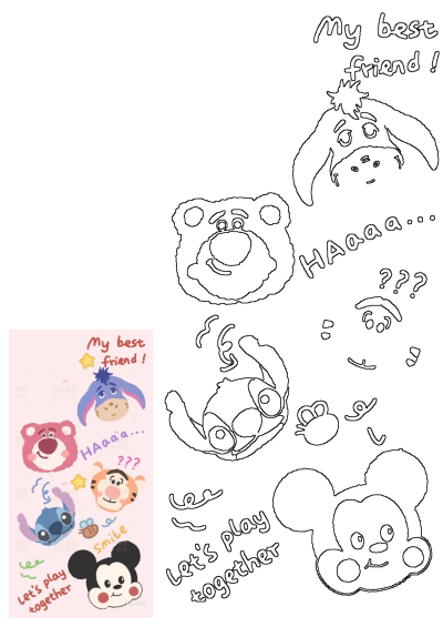 Adorable Lotso, Eeyore, Tigger, Stitch, and Mickey Mouse are best friends, with "My best friend!" and "Let's play together" on pink.