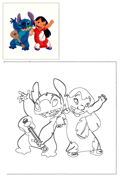 Lilo and Stitch, beloved Disney characters from the movie, captured in a vibrant illustration with Stitch playing a ukulele.