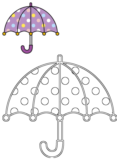 Purple polka dot umbrella cartoon illustration with white, yellow, blue, pink dots, plus its outline. Fun rain weather clipart.