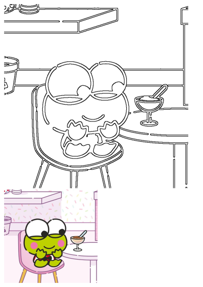 Keroppi sitting on a pink chair at a table with a dessert. This adorable frog character is ready to enjoy a sweet treat.