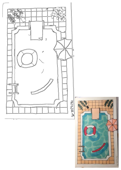 An illustration of a swimming pool with a life ring and slide. It features an overhead view with a tiled patio, umbrella, and green foliage.