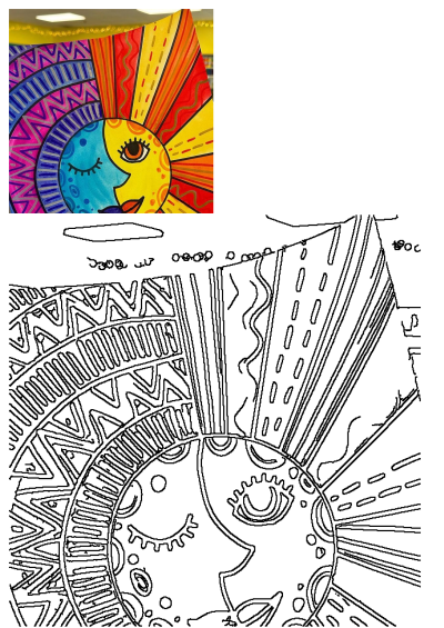 A vibrant and intricate folk art painting featuring a colorful sun and moon, displayed prominently in what appears to be a store setting.