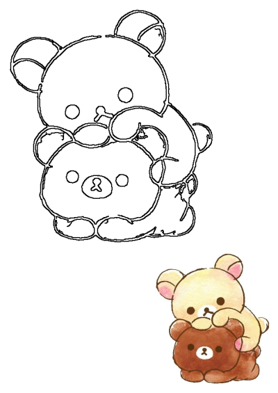 Cute Rilakkuma bear hugging cartoon illustration. Adorable light bear embraces dark brown bear. Features both outline and colored styles.