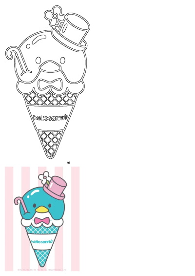 Hello Sanrio penguin ice cream character with a pink top hat, bow tie, and cane, on a teal cone with a striped background.