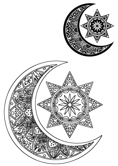 Intricate vector art of crescent moon and star designs. Features solid black and outline versions with detailed geometric patterns.
