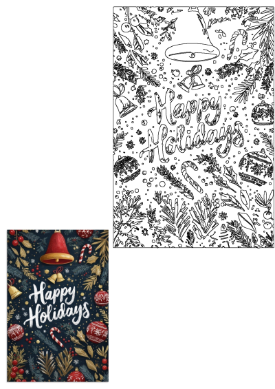 Outline art featuring Happy Holidays text, festive Christmas bells, candy canes, ornaments, holly, and pine branches.