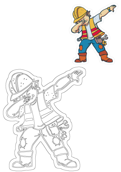 A playful cartoon construction worker in a hard hat and tool belt dabs with a wrench, shown in color and as a black outline.