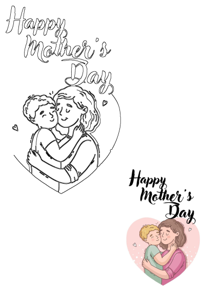 Happy Mother's Day card illustration showing a loving mother embracing her child with a warm hug inside a heart shape.