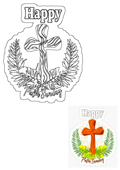 Happy Palm Sunday Cross Sticker featuring a rustic wooden cross adorned with green palm fronds and 'Happy Palm Sunday' text.