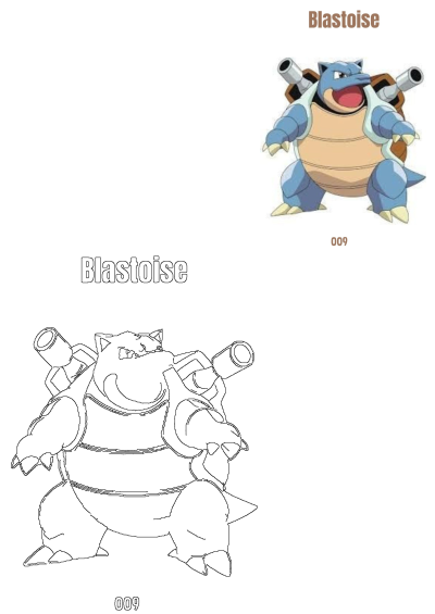 Blastoise, the Water-type Pokemon (#009), shown in color and as an outline for coloring. An evolved form with powerful cannons.