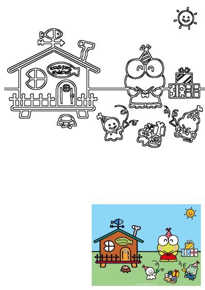 Keroppi and his friends celebrate a party at Donut Pond Clubhouse, surrounded by presents under a bright sunny sky.