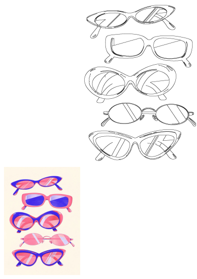 Vibrant pink and blue sunglasses in various retro styles (cat-eye, oval, rectangular), plus their black outline sketches. Ideal for fashion design.