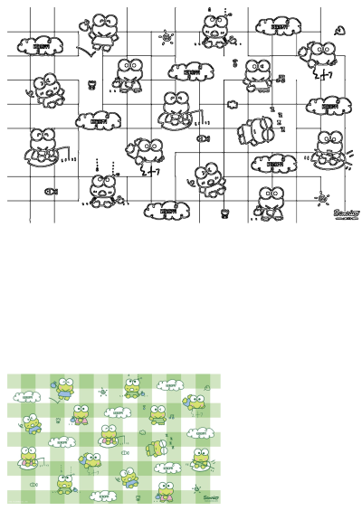 A cheerful Keroppi frog pattern featuring multiple Keroppi characters in various poses on a vibrant green and white checkered background.