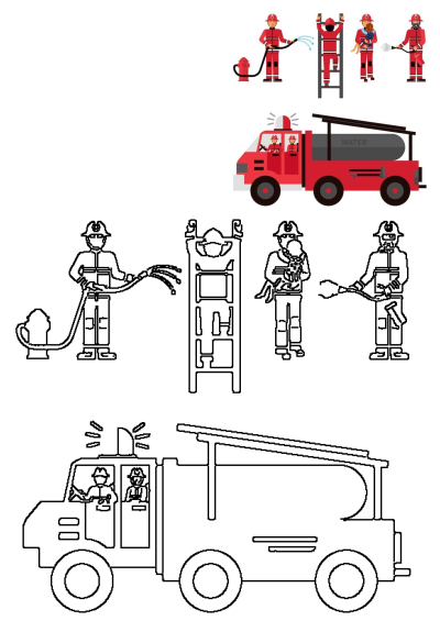 Illustrations of firefighters and a fire truck. Firemen are shown using a ladder, hosing water from a hydrant, and rescuing a child.