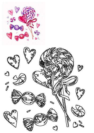 Vibrant watercolor lollipops, heart candies, and other sweet treats in pink & purple, perfect for Valentine's Day designs.