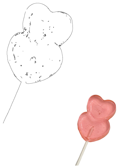 Watermelon flavored double heart shaped lollipop, a translucent pink candy on a white stick, depicted with its black outline.