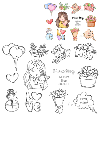 Mothers Day clipart with watercolor and outline illustrations of mom, baby, flowers, hearts, balloons, and 'Mom' text.