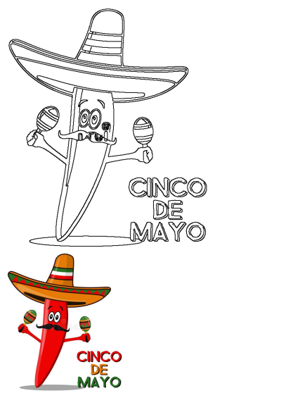 Festive Cinco de Mayo chili pepper wearing a sombrero, holding maracas, shown in both outline and vibrant colored versions.