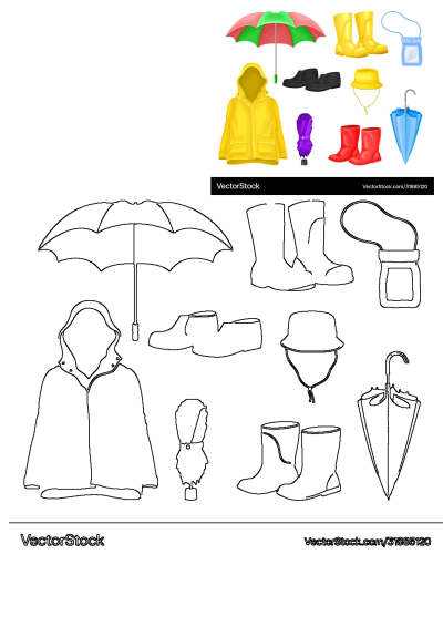Vector collection of rainy day essentials: raincoats, boots, umbrellas, hats, and waterproof bags in both colored illustrations and outlines.