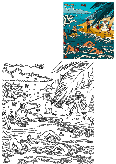 A vibrant cartoon beach scene featuring people swimming, a mermaid sunbathing, and beachgoers relaxing under palm trees.