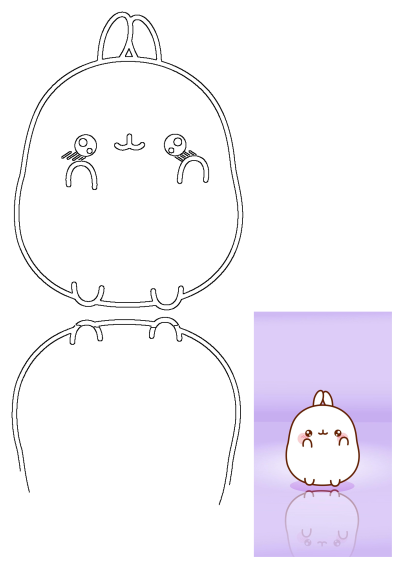 Cute Molang bunny cartoon character, featuring both an outline template and a colored version on a reflective purple background.