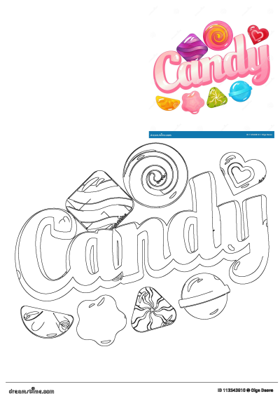 Colorful 'Candy' illustration featuring shiny lollipops, heart-shaped, and wrapped sweets. Also includes a black outline version.