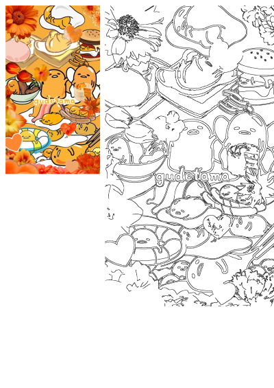 A vibrant image featuring multiple Gudetama characters surrounded by food, orange flowers, and hearts, conveying love and comfort.