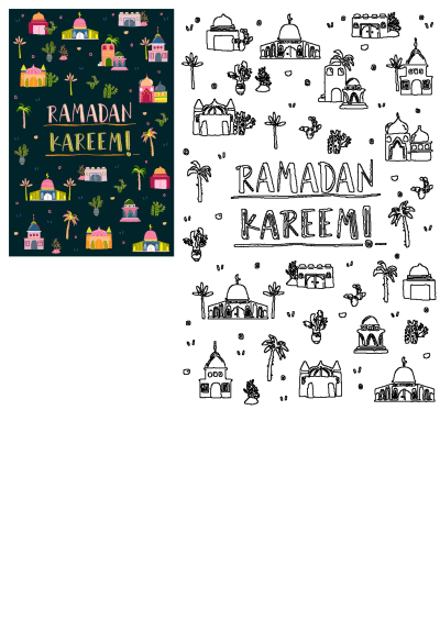 Vibrant Ramadan Kareem greeting card featuring colorful mosques, traditional buildings, palm trees, and desert plants on a deep background.